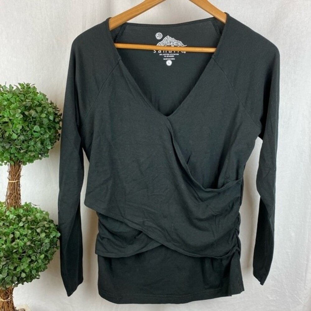Sahalie Front Wrap Long Sleeve Cotton Blend Top L - Picture 2 of 7